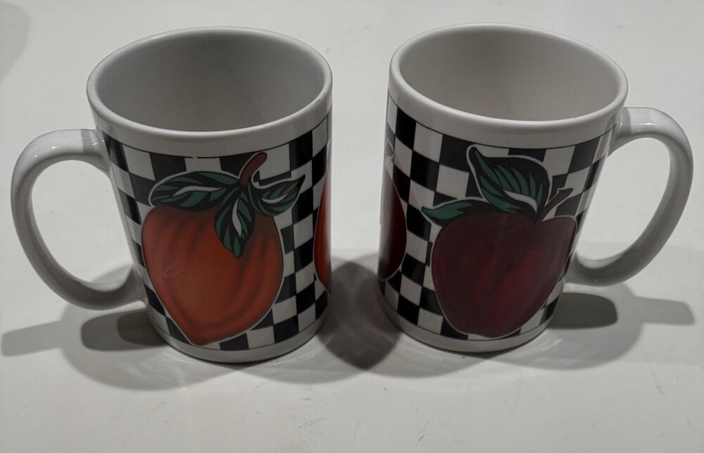 Vintage Black and White Checker Ceramic Fruit Mugs